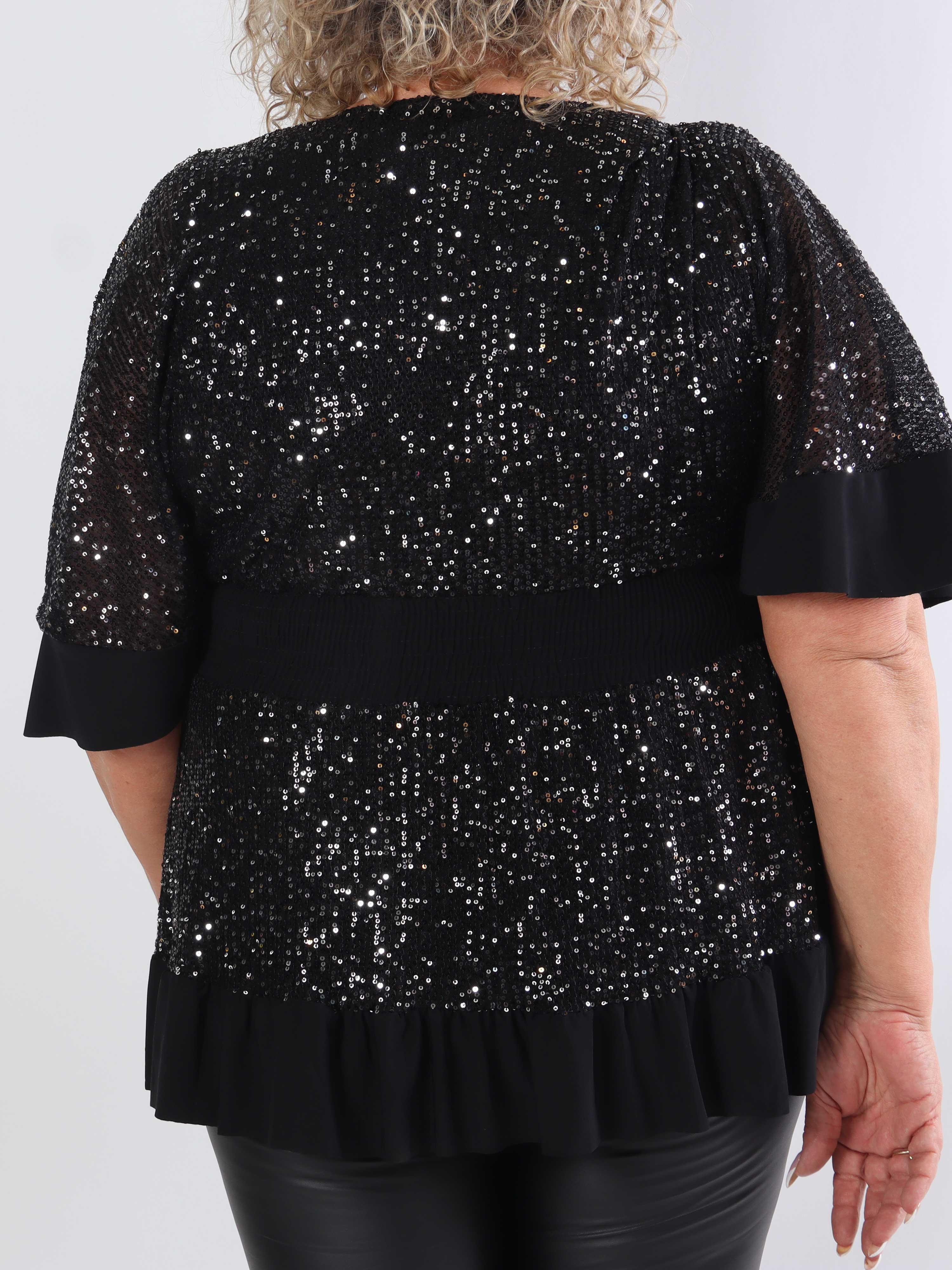 Pamela Glitter Shirt - Plus size paljett-tunika med smock och volanger
